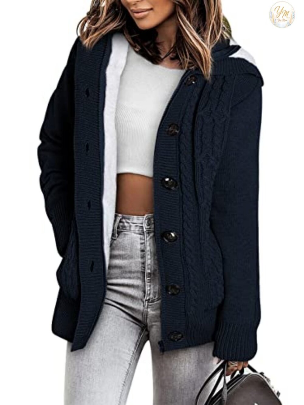 Hooded Fleece Lined Cardigan Sweater Long Sleeve with Pockets